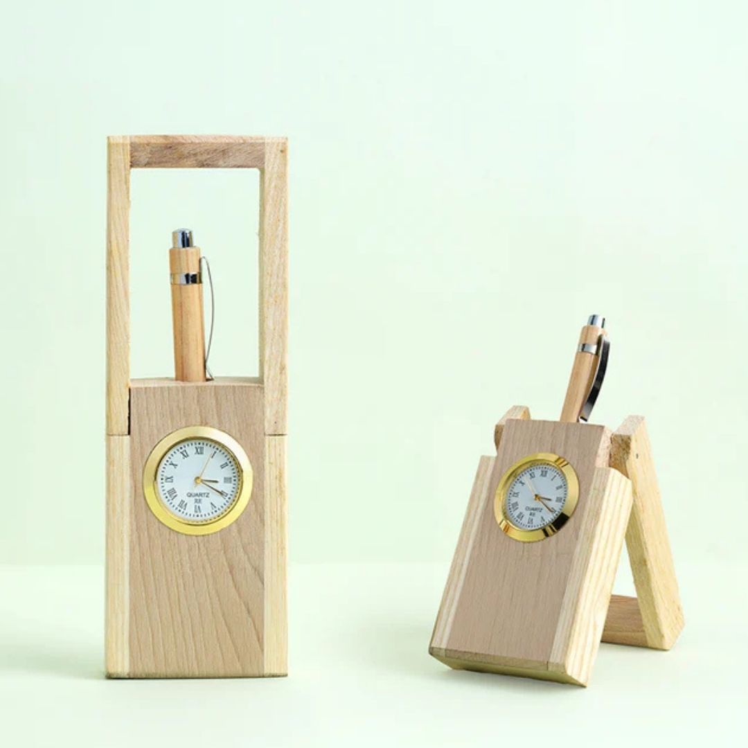Wooden Pen Holder with Clock for Corporate Gifts